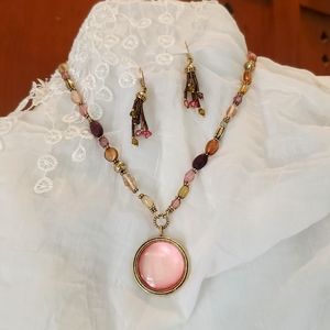dusty pink, lavender and gold necklace and matching earrings.